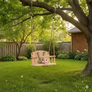 Illustration of a high-back baby swing for tree branches featuring a secure 5-point harness and Canadian safety certification.