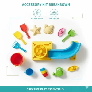 A collection of sand and water table toys including shovels, pails, and water wheels.