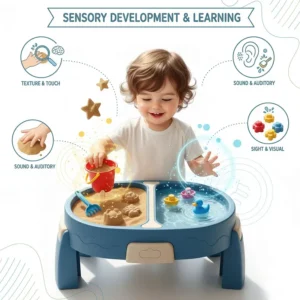 Illustration showing sensory development benefits of a sand and water table for toddlers and preschoolers.