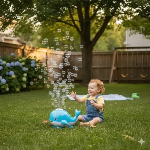 A toddler engaging in sensory play with an outdoor bubble machine near a maple tree.