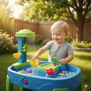 Illustration showing the developmental benefits of a water play table for 2 year olds, focusing on fine motor skills and sensory exploration.