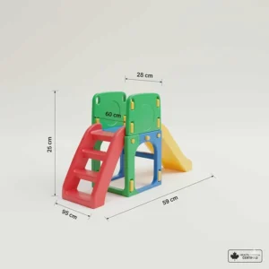Technical drawing showing the compact size of a small outdoor climber for toddlers in centimeters.