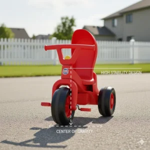 Technical drawing showing a low center of gravity for the safest ride on toys for toddlers outdoor.
