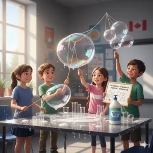 Educational illustration showing the physics of surface tension using giant bubble wands for kids, perfect for Canadian STEM learning.