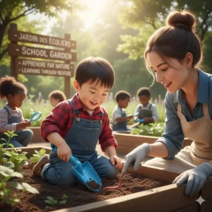 Illustration of an educational outdoor activity where a toddler uses a garden shovel to learn about soil and worms in a Canadian school garden.
