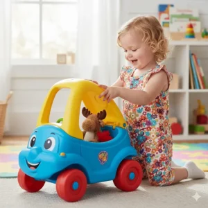 A colorful ride-on toy with a seat that opens for storage, perfect for a 1-year-old's favorite plush toys.