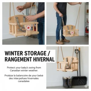 An illustration showing a detachable baby swing being moved indoors for the Canadian winter to prevent weather damage.
