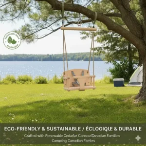A minimalist illustration of a sustainable cedar baby swing for a tree, reflecting Canadian values of eco-conscious parenting.