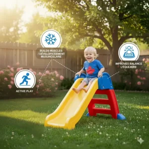 A 2 year old practicing gross motor skills by climbing a safe outdoor slide in a residential park setting.