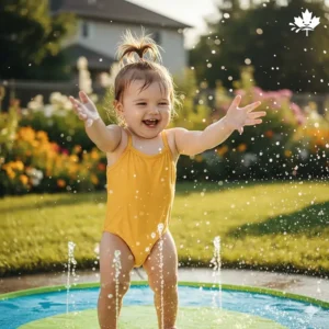 A colorful illustration of a toddler playing safely in a shallow backyard splash pad under the Canadian sun.