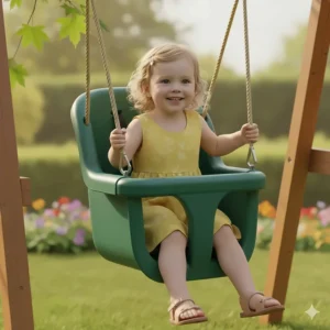 3-in-1 outdoor baby swing converted into a toddler bucket seat for active play in a garden setting.