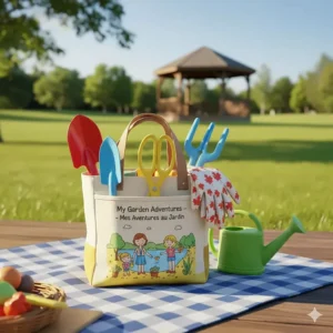 A bright canvas tote bag organized with a 7-piece toddler gardening tools set, ideal for family trips to the local park or cottage.