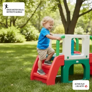 Illustration of a toddler developing gross motor skills on a colorful outdoor climbing frame.