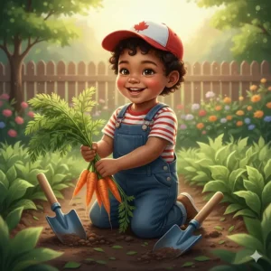 A young child proudly harvesting carrots with the help of a sturdy toddler gardening tools set in a backyard veggie patch.