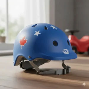 Illustration of a CSA-approved safety helmet for toddlers using outdoor ride-on toys.