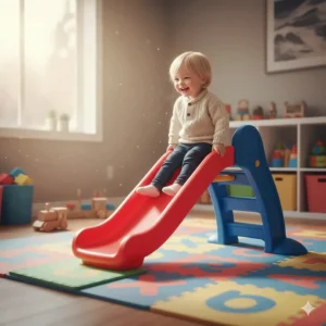 A young child developing gross motor skills while playing on a colorful indoor outdoor slide.
