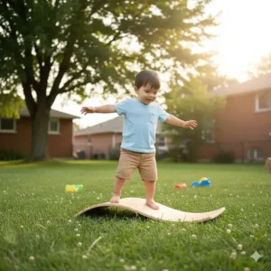 Illustration of a child using a curved balance board for toddlers outdoor on a green lawn during a sunny Ontario summer.