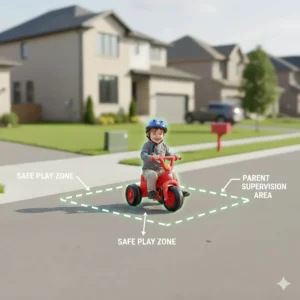Map illustration of a safe outdoor play zone for toddlers on a residential Canadian sidewalk.