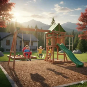 Illustration of a backyard playground in Quebec featuring a baby outdoor swing alongside a slide and climber.