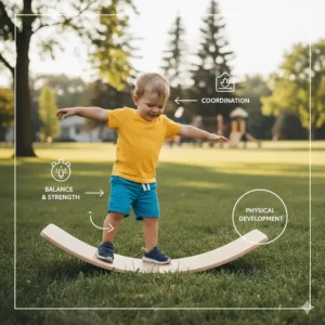 An educational graphic showing a toddler improving motor skills on a balance board for toddlers outdoor in a park setting.