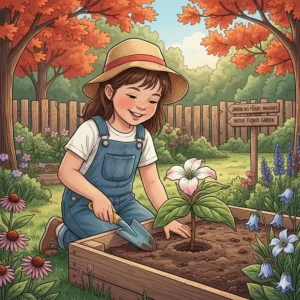 Illustration of a child using a small trowel from a toddler gardening tools set to plant native Canadian Trilliums.