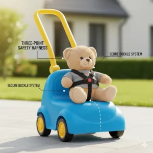 Illustration of a toddler push car featuring a secure three-point safety harness.
