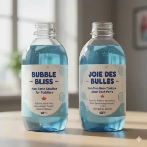 Close-up illustration of non-toxic bubble solution labels in English and French for a toddler bubble machine.