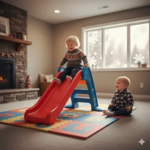 Toddler enjoying an indoor slide in a cozy finished basement during a Canadian winter.