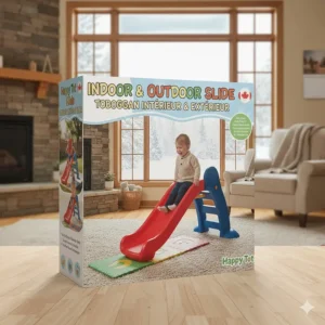 Product packaging for a toddler slide featuring English and French text (toboggan pour tout-petits) for the Canadian market.