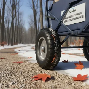 Close-up of a toddler wagon meeting Canadian safety standards with bilingual English and French labeling.
