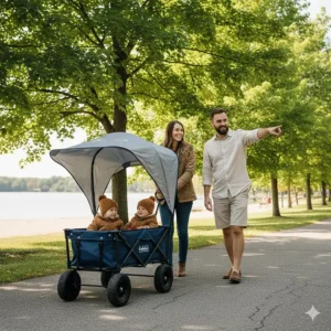 A toddler wagon with a protective UV sun canopy for safe outdoor play during a Canadian summer.