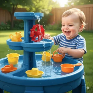Close-up illustration of a 2 year old using a blue water play table featuring a spinning water wheel and scooping toys.