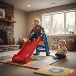Two toddlers taking turns on a safe indoor outdoor slide during a playdate in Canada.