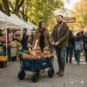 A multi-purpose toddler wagon being used for both kids and groceries at a Canadian farmers market.
