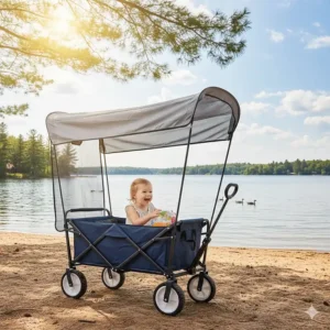 A push and pull wagon for a 2 year old featuring a UV-protection canopy for sunny days at a Canadian lake.
