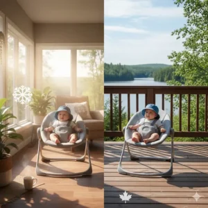 A versatile baby swing being moved from a cozy Canadian sunroom to an outdoor deck.