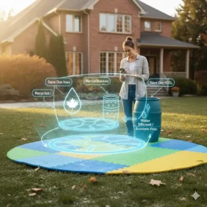 A diagram showing water conservation features of a backyard splash pad suitable for Canadian municipal water restrictions.