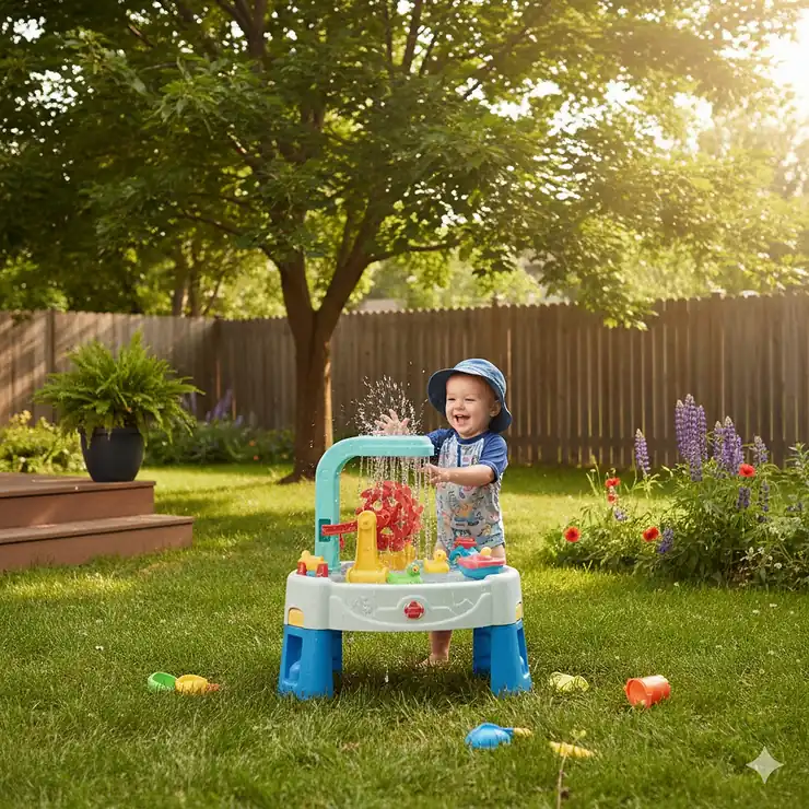 A toddler enjoying a multi-level water play table for 2 year olds in a grassy Canadian backyard during summer.