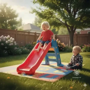 Illustration highlighting the UV-resistant material of an outdoor toddler slide that withstands Canadian summer sun.