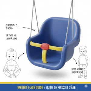 Growth chart illustration indicating the weight capacity and age range for a standard full-bucket baby swing.