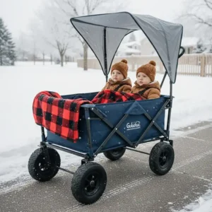 A winter-ready toddler wagon equipped with heavy-duty tires for navigating snowy Canadian sidewalks.