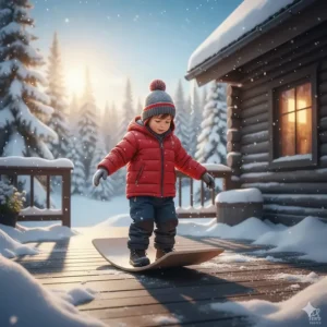 A bright illustration of a toddler using a balance board for toddlers outdoor on a cleared deck during a crisp Canadian winter day.