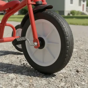 Close-up illustration of durable, all-terrain tires suitable for Canadian gravel driveways and suburban sidewalks.