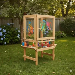 Illustration of a weather-resistant outdoor art station for kids featuring a double-sided plexiglass easel.