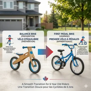 Transitioning from a balance bike to a first pedal bike for a 6 year old Canadian student.
