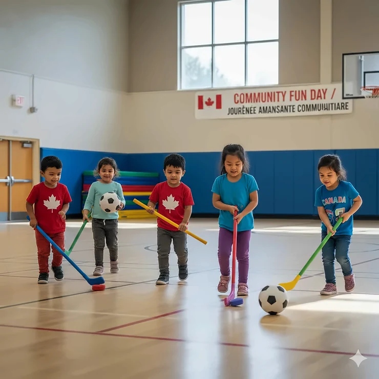 A diverse group of Canadian preschoolers playing with soft indoor soccer balls and hockey sticks in a community center. beginner sports equipment for preschoolers