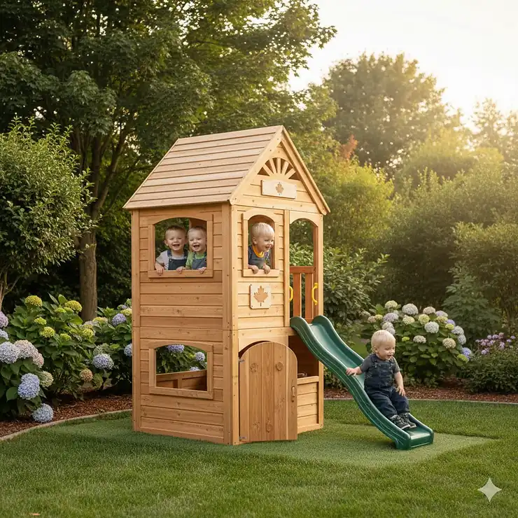 A group of Canadian toddlers playing in a cedar wood outdoor playhouse in a lush green backyard.