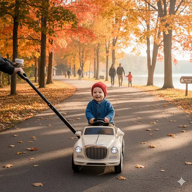A toddler enjoying a luxury ride on car with parent handle on a paved Canadian park trail in autumn. ride on cars for toddlers with parent handle