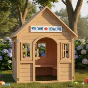 An illustration of an outdoor playhouse for toddlers featuring a "Welcome / Bienvenue" sign.