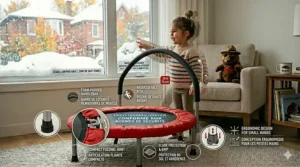 A family-friendly graphic highlighting ASTM-certified safety standards for a mini trampoline for young kids in Canada.